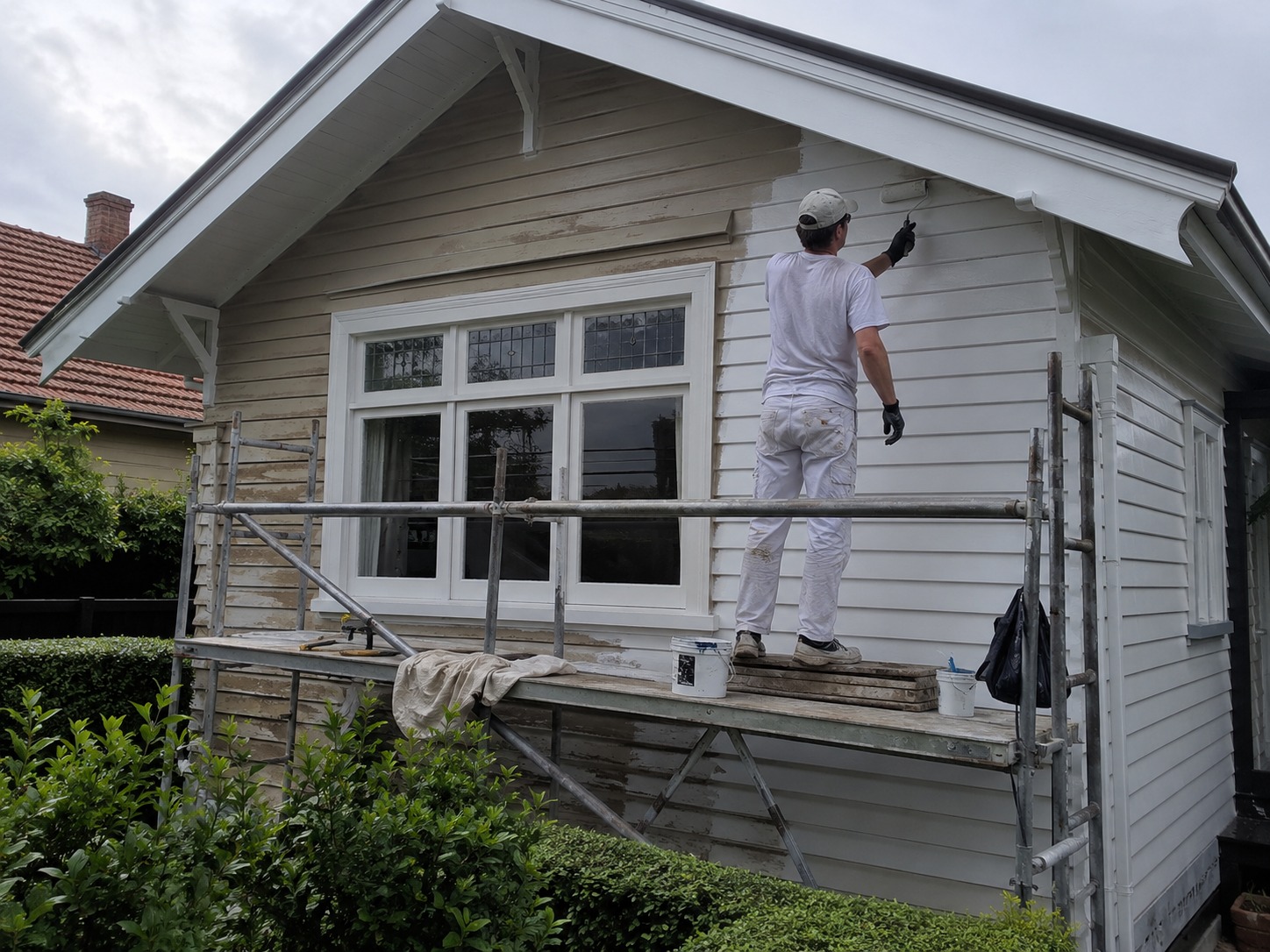 A painter repainting the timber weatherboard exterior of an Auckland home